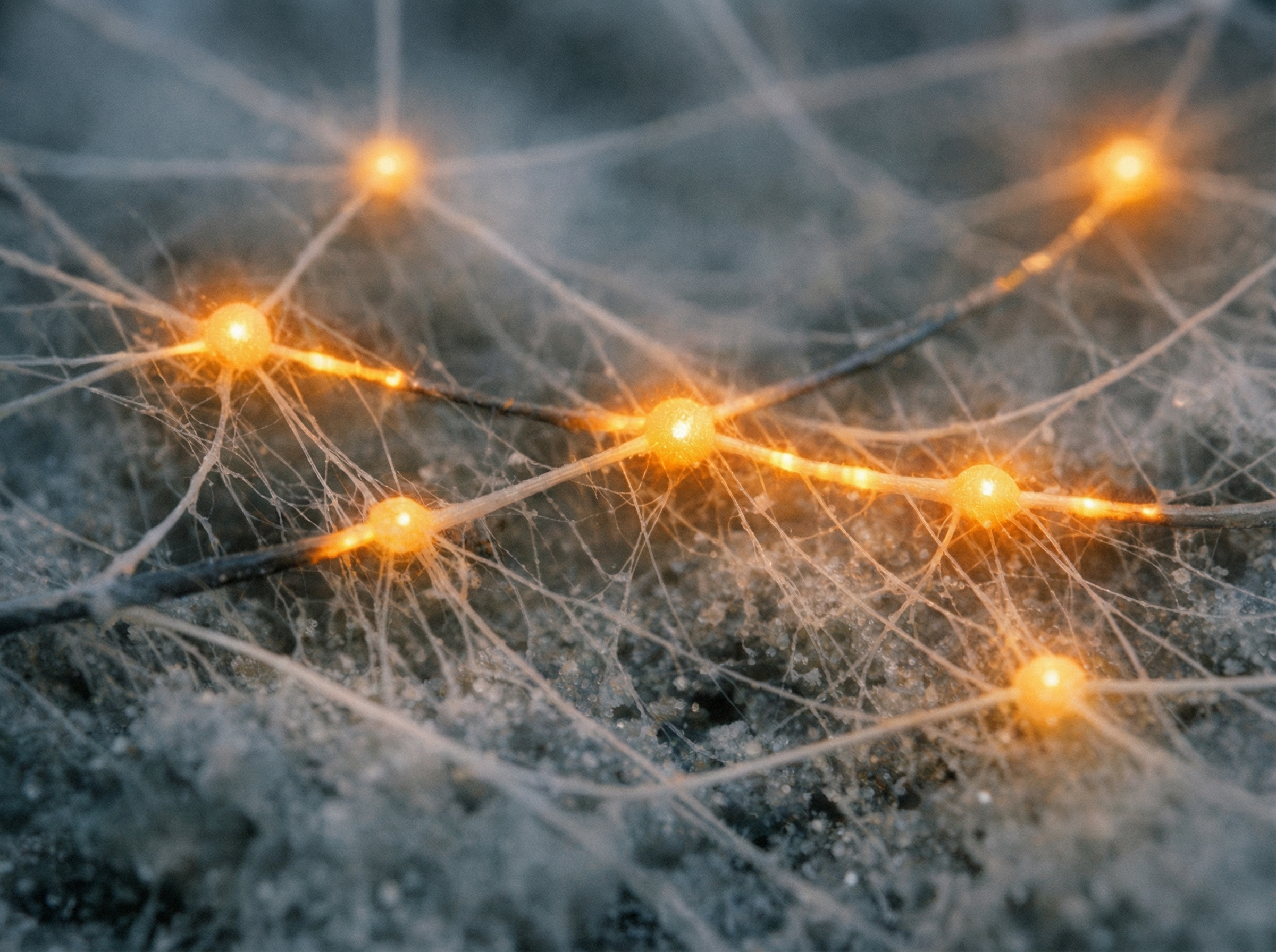 Mycelium network with bioluminescence actively spreading along connected threads, some nodes fully glowing amber while others are mid-ignition, showing the moment of collective illumination
