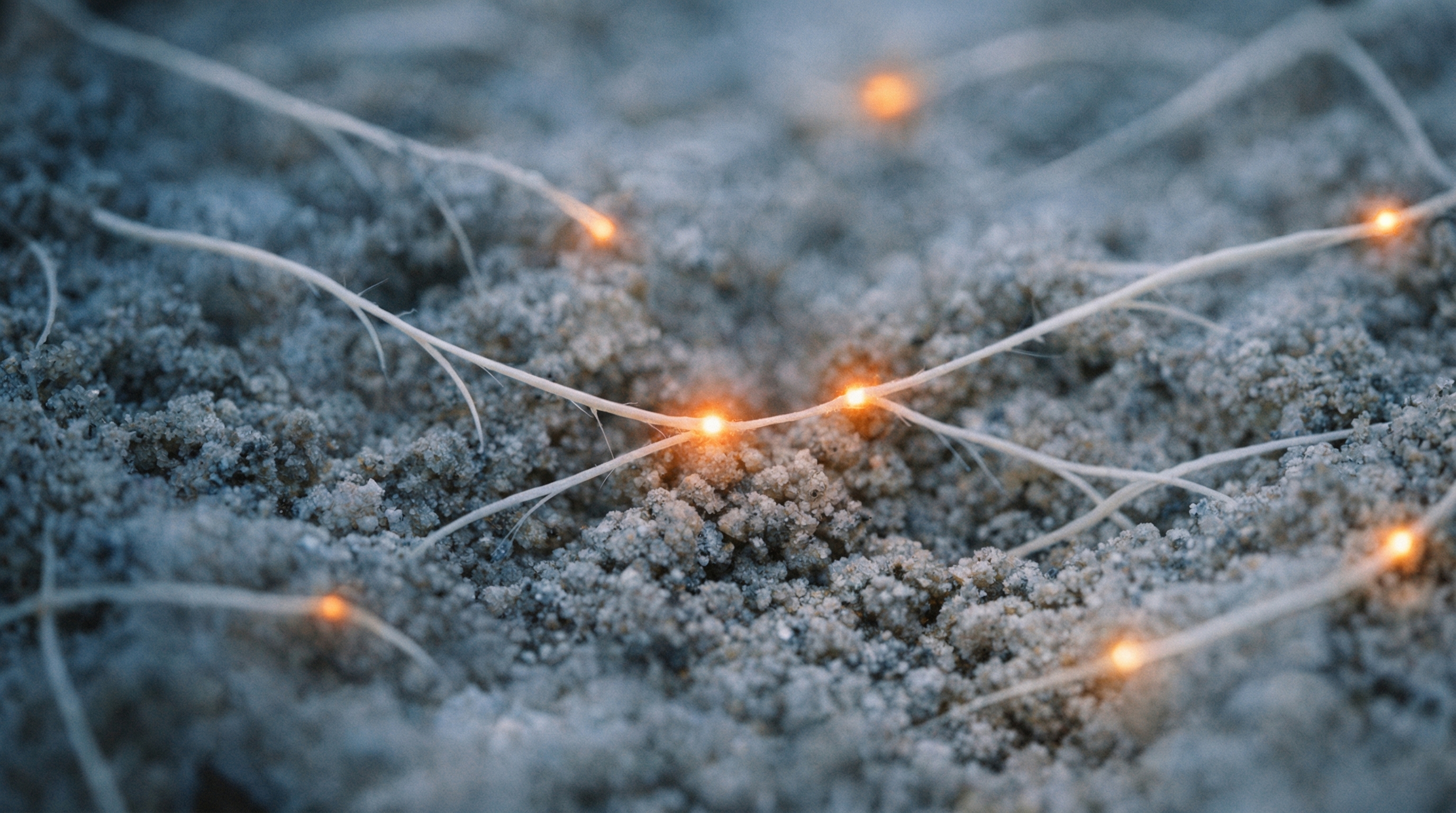Scattered mycelium filaments beginning to coalesce into network structure, with faint amber glow emerging at points where threads start to connect, representing the gap between raw measurement and meaningful interpretation
