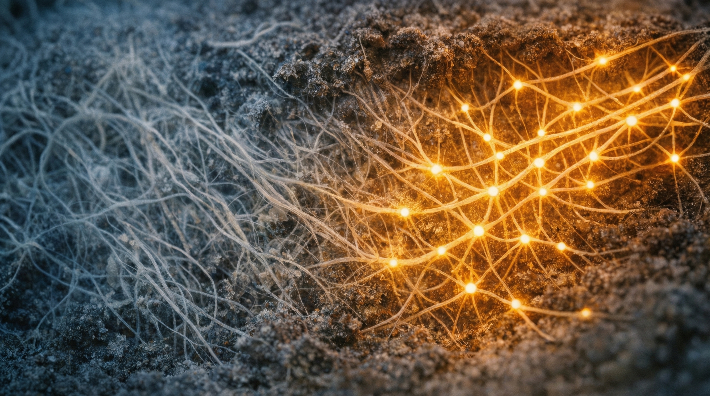 Mycelium network with bioluminescent signal spreading outward from a central bright node through branching pathways, light transitioning from intense amber-gold at center to cooler tones at edges.