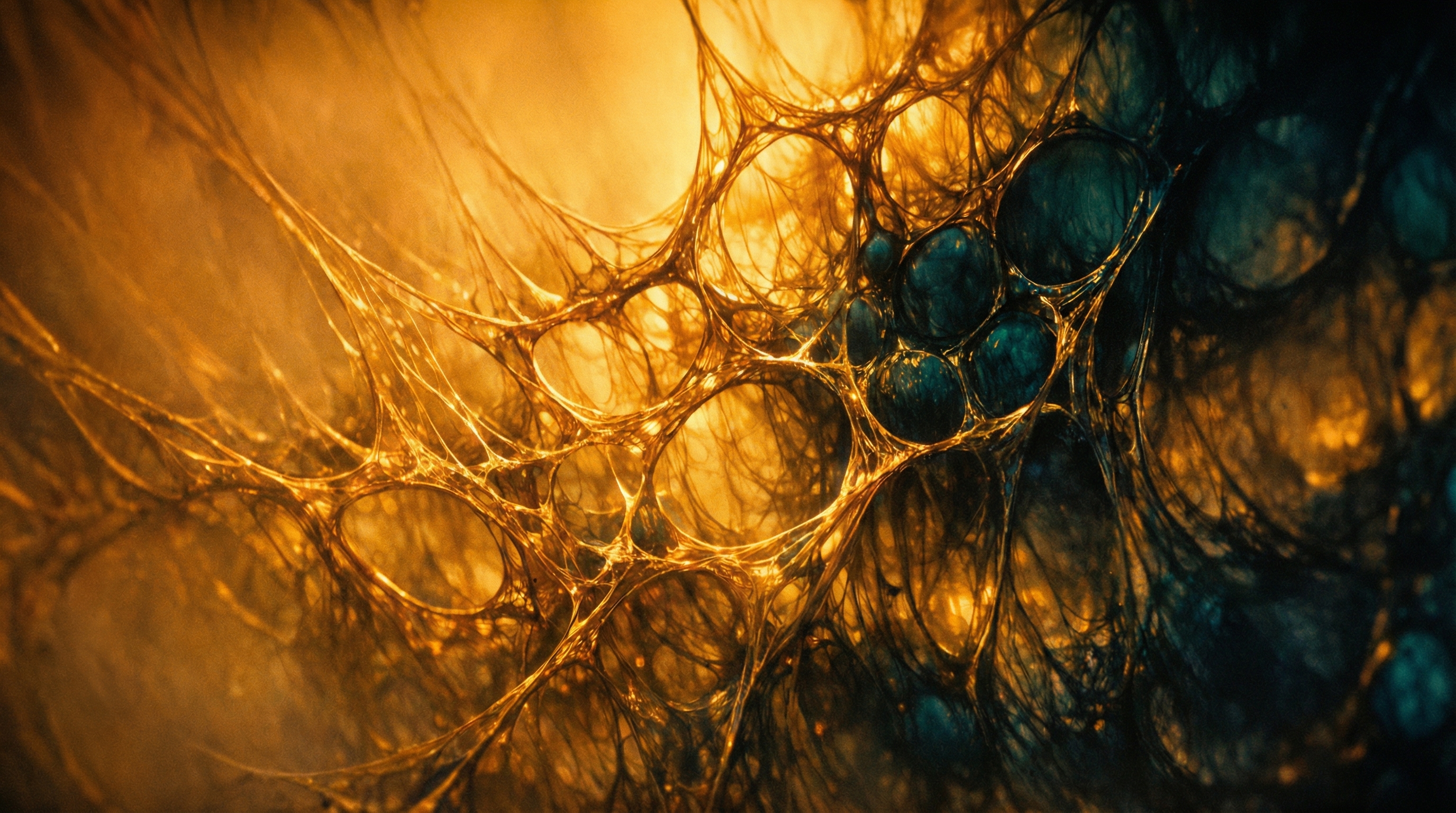 Fully illuminated ink network in water, warm amber light revealing the complete organic structure with intricate interconnected patterns now clearly visible.