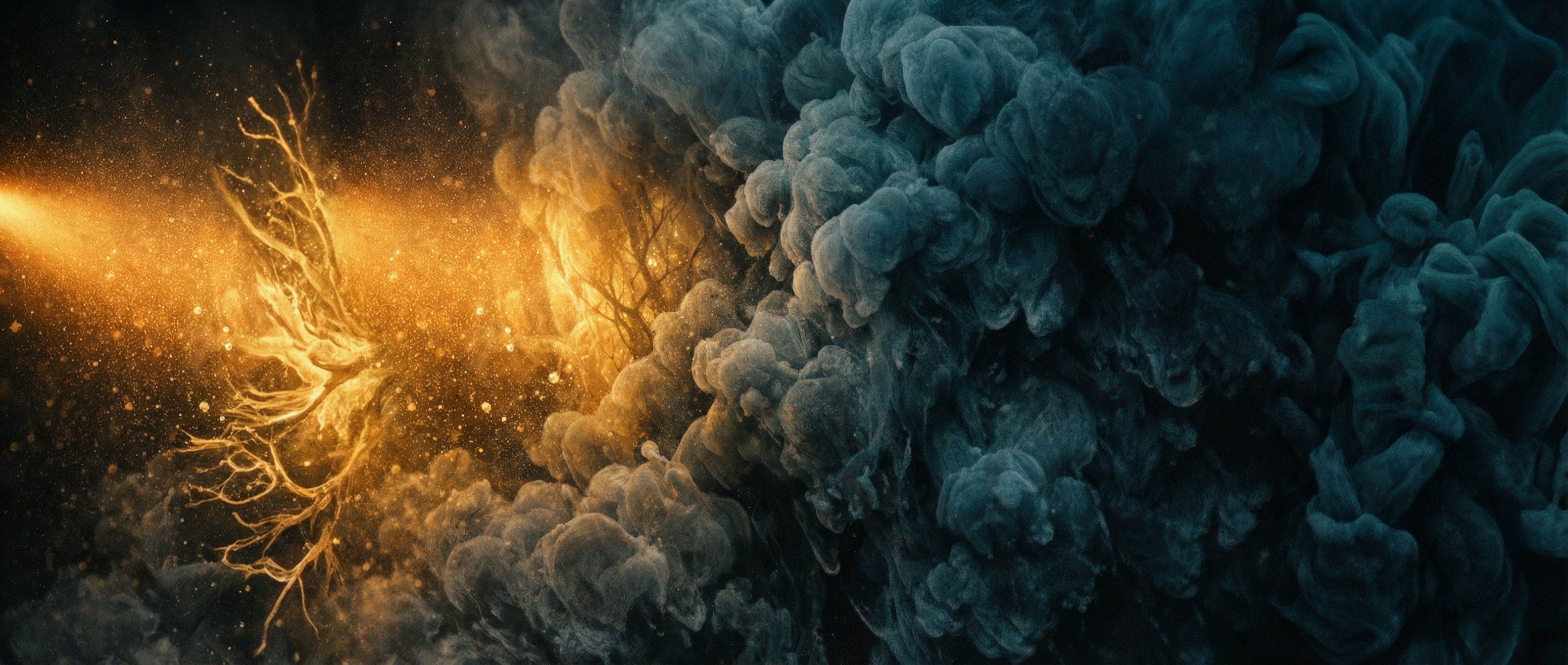 Dense ink suspended in water with a single beam of warm light beginning to penetrate, revealing hints of hidden structure in a small illuminated zone while most remains opaque and unreadable.