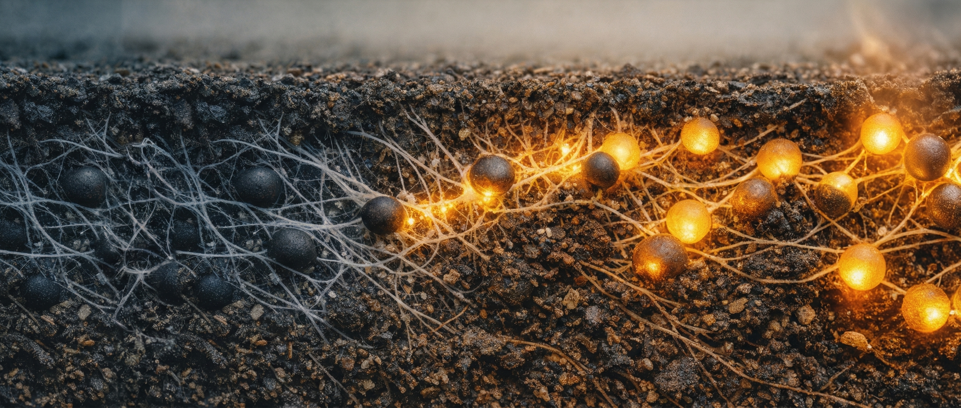 Underground mycelium network at the moment of activation, with dormant cool-toned threads on the left transforming into glowing amber-gold bioluminescent pathways on the right.