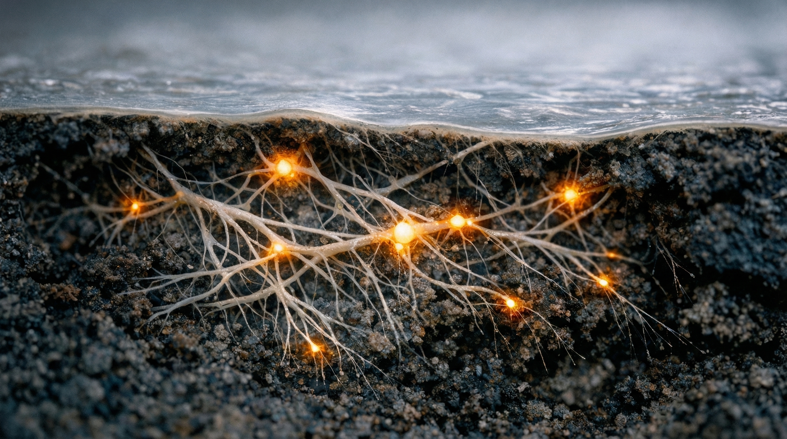 Cross-section view of bioluminescent mycelium network beneath soil surface, with glowing amber nodes at connection points revealing complex hidden structure below a translucent membrane