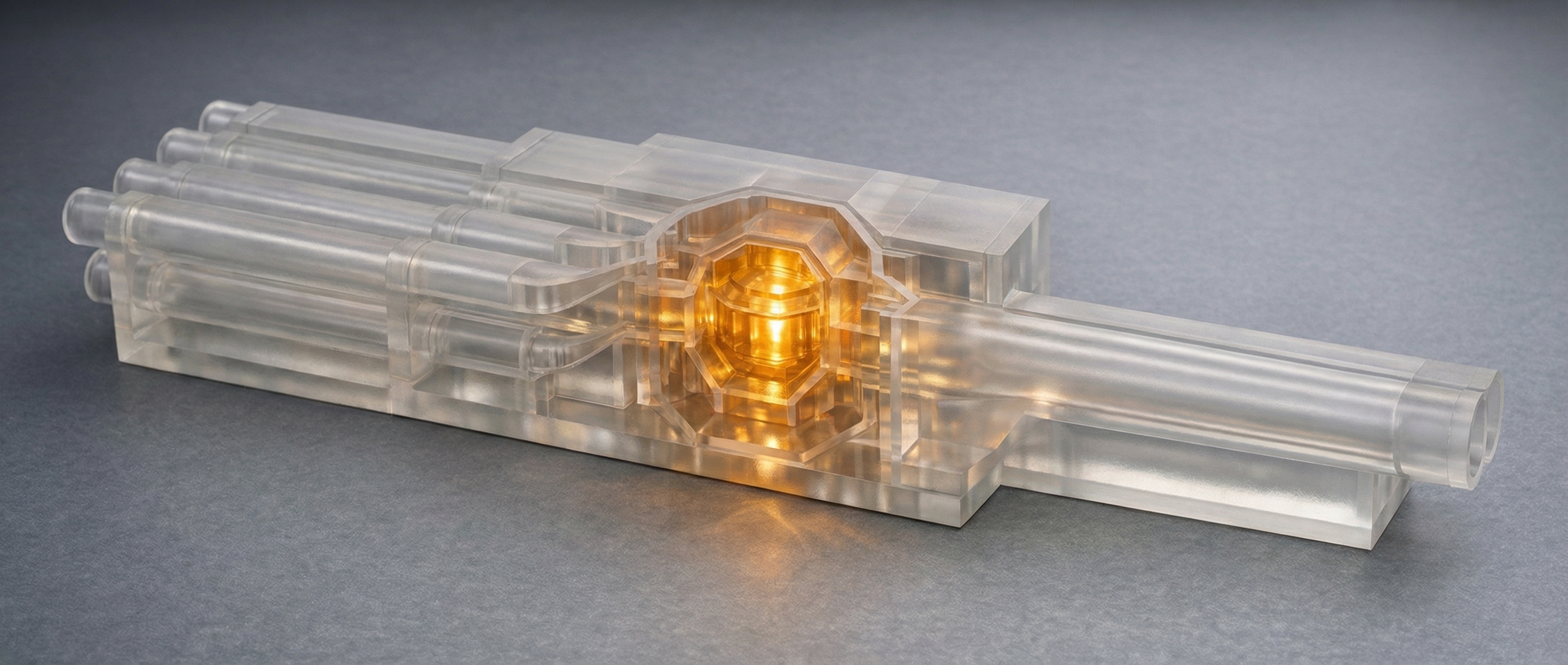 Architectural cross-section of an engineered privacy structure showing multiple separate input channels converging through internal chambers into a unified output, warm amber light glowing from within the translucent material.