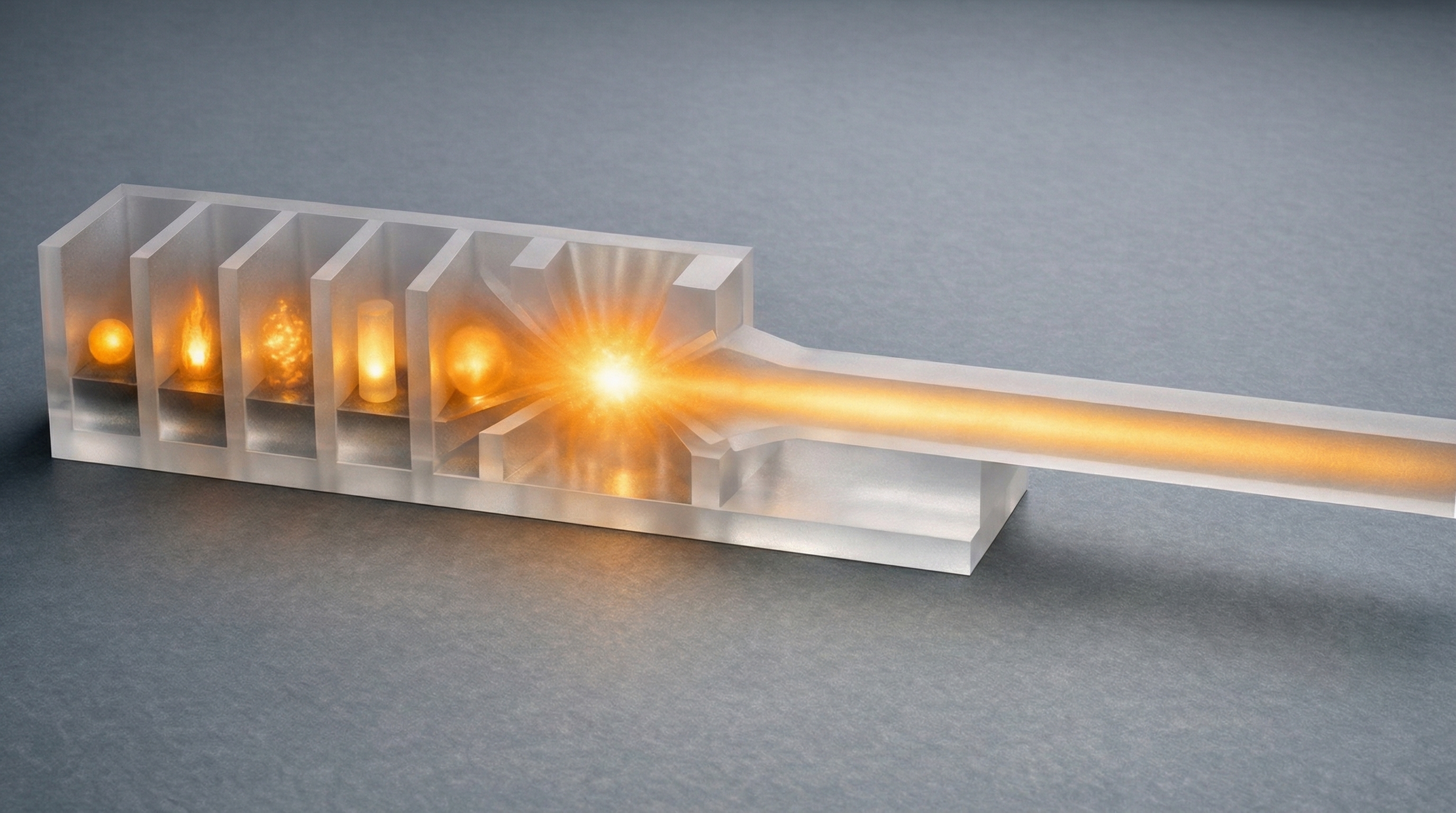 Cutaway view of an engineered processing structure showing isolated input chambers with individual glowing elements converging through channels into a unified output glow, demonstrating transformation from individual to collective.