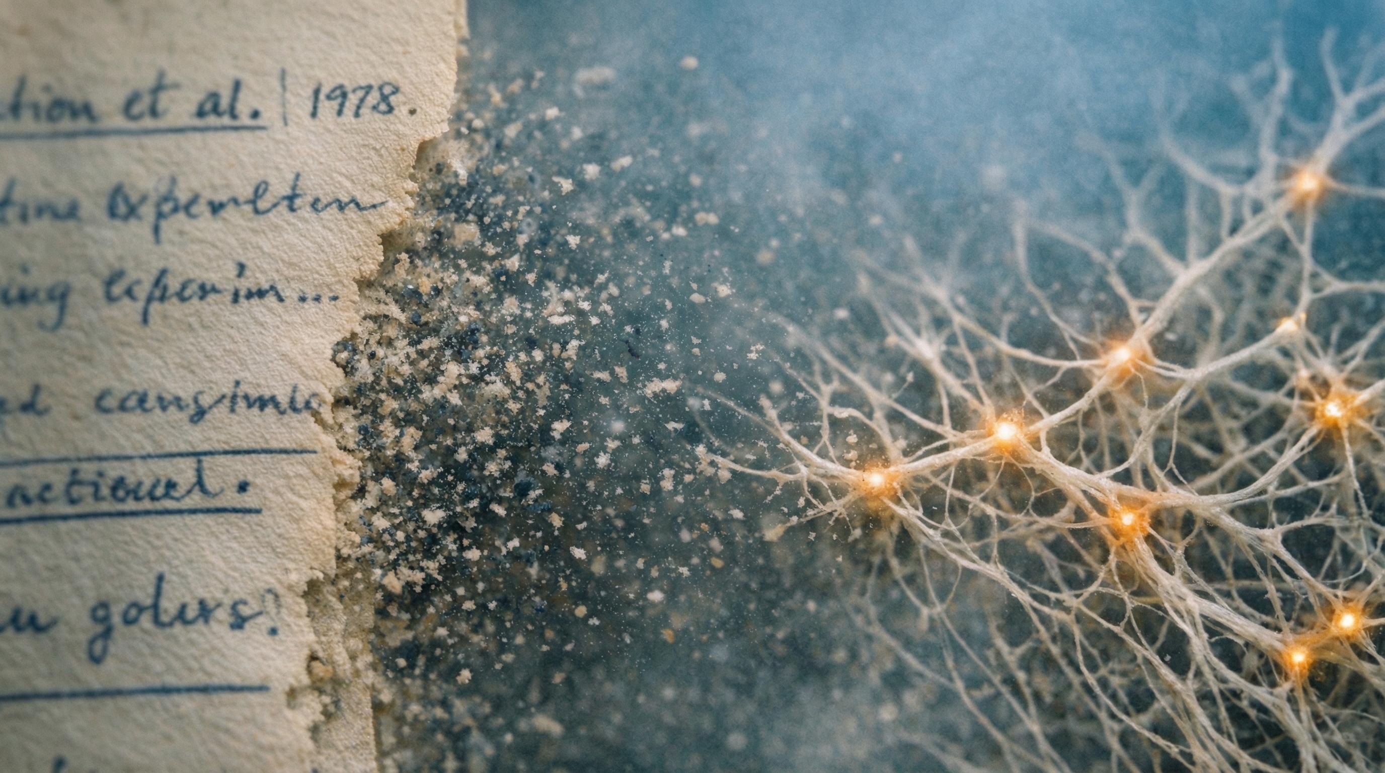 Academic research notation on aged paper dissolving into an organized mycelium network, with citation fragments transforming into glowing fungal threads connected by warm amber nodes - representing decades of scholarship becoming Whisperline's living architecture