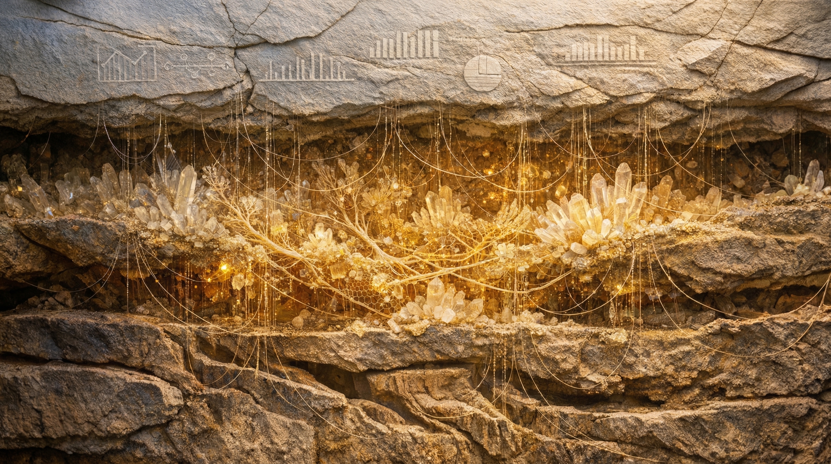 Complete architectural cross-section with all three layers fully visible - the middle interpretive layer now richly detailed with crystalline networks, connected to measurement above and action below, representing organizational insight made whole.