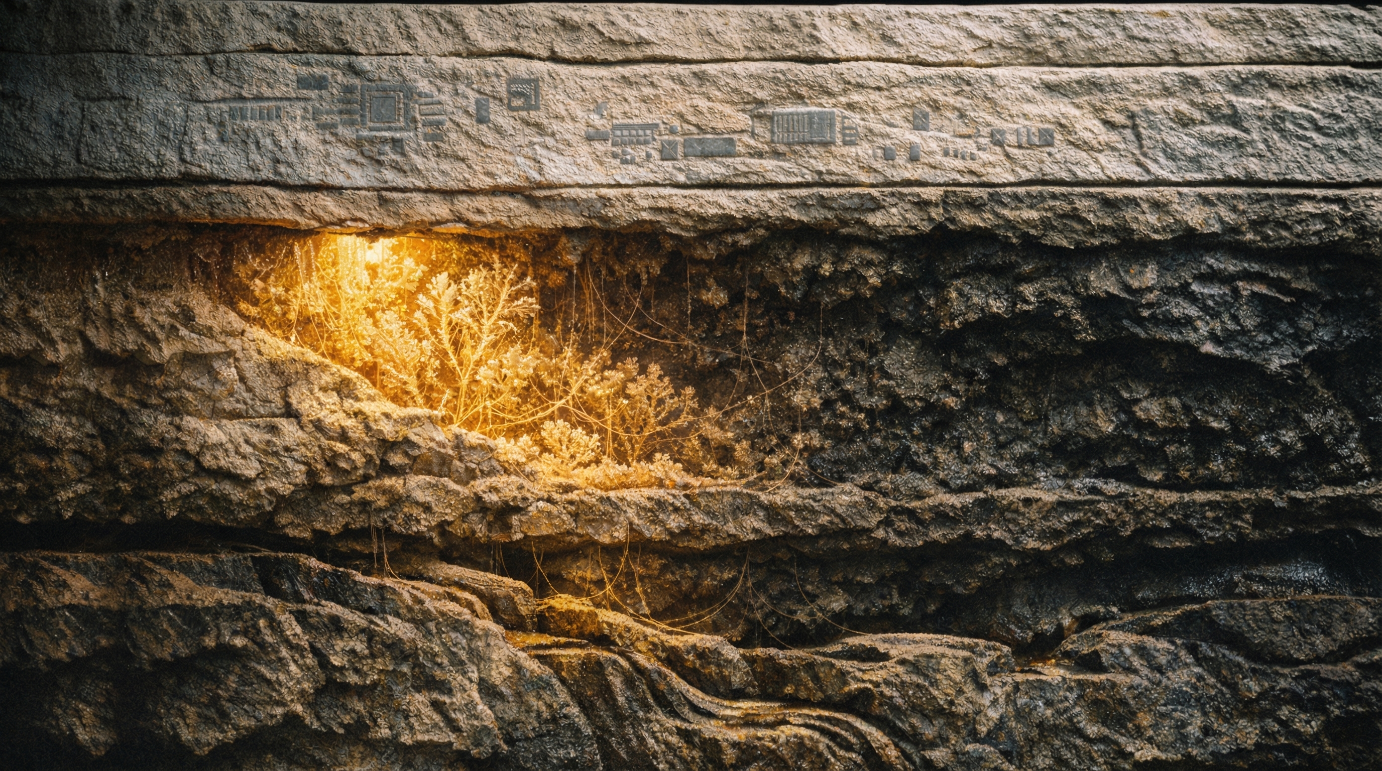 Architectural cross-section where warm amber light penetrates the previously dark middle layer, revealing intricate crystalline patterns and network structures - the interpretive layer becoming visible between measurement and action.